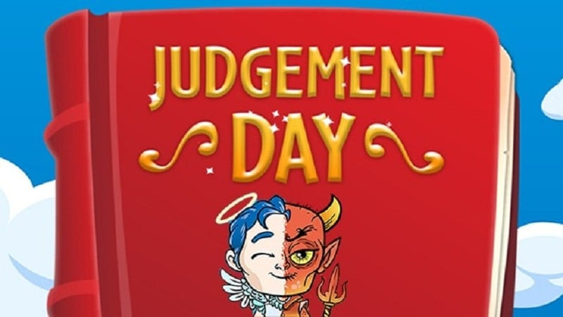 alt text: Hình ảnh game Judgment Day với thiên thần cầm cân công lý