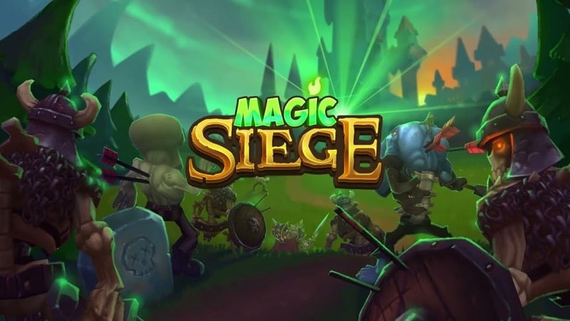 alt text: Hình ảnh game Magic Siege hiển thị giao diện chính với pháp sư đang thi triển phép thuật