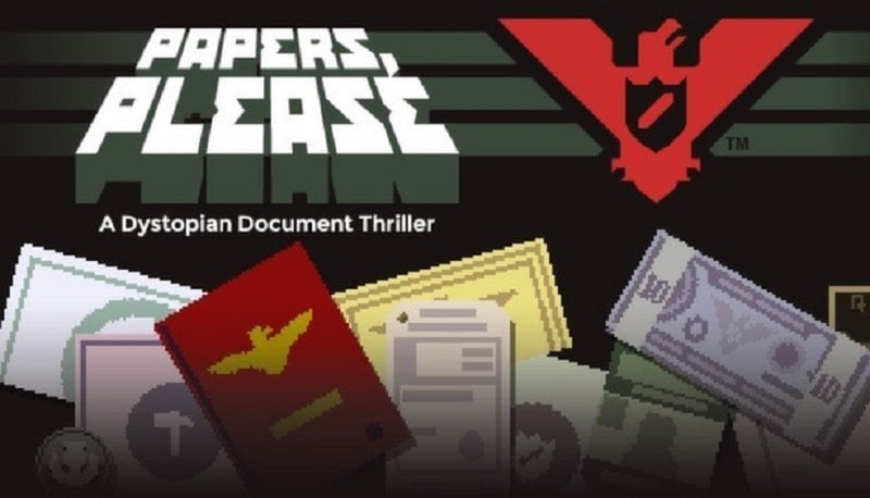 alt text: Hình ảnh game Papers, Please trên điện thoại, hiển thị giao diện kiểm tra giấy tờ của người nhập cảnh.