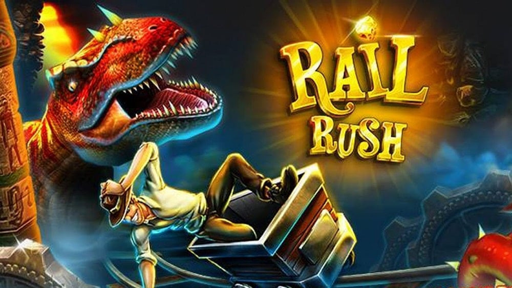 alt text: Hình ảnh game Rail Rush hiển thị nhân vật chính đang lái xe goòng trên đường ray trong một hầm mỏ đầy vàng và đá quý.