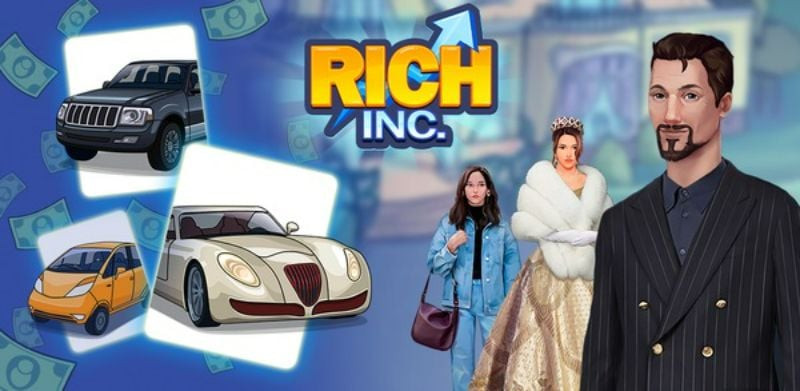 alt text: Hình ảnh game Rich Inc. trên điện thoại, hiển thị giao diện chính của trò chơi với nhân vật và các tòa nhà.