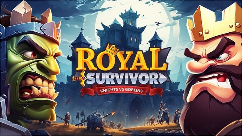 alt text: Hình ảnh game Royal Survivor: Heroes Battle, một vị vua đang chiến đấu với quái vật