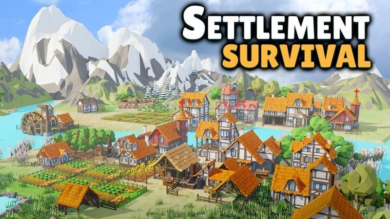 alt text: Hình ảnh game Settlement Survival hiển thị giao diện thành phố đang phát triển