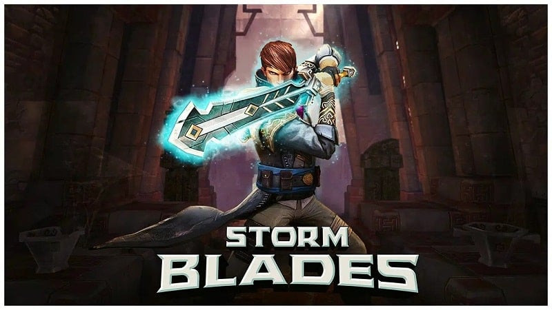 alt text: Hình ảnh game Stormblades, một chiến binh đang vung kiếm giữa khung cảnh hùng vĩ