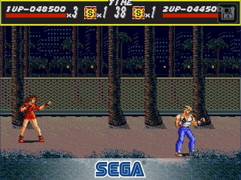 alt text: Hình ảnh game Streets of Rage Classic MOD APK, cho thấy cảnh chiến đấu giữa nhân vật chính và kẻ địch.