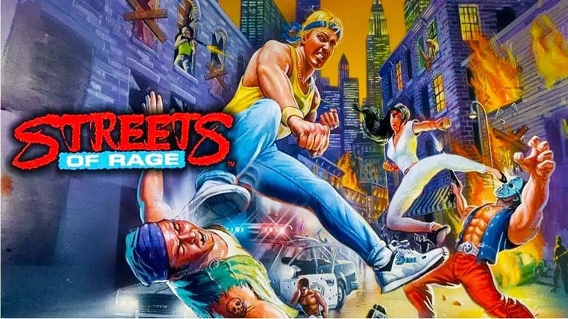 alt text: Hình ảnh game Streets of Rage Classic, với ba nhân vật chính sẵn sàng chiến đấu trên đường phố đầy nguy hiểm.