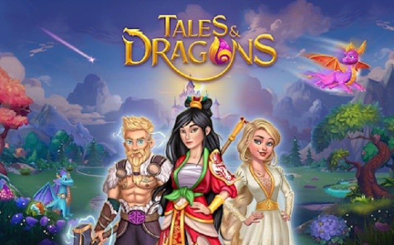 alt text: Hình ảnh game Tales & Dragons hiển thị giao diện chính với các nhân vật hoạt hình và rồng