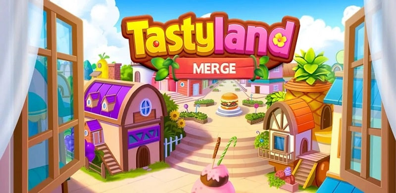 alt text: Hình ảnh game Tastyland trên điện thoại, hiển thị giao diện thành phố với các loại cây trồng và công trình đa dạng.