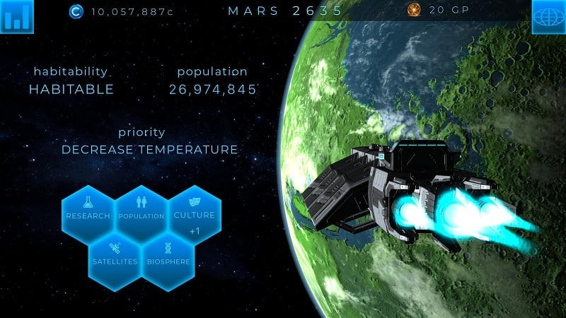 TerraGenesis gameplay showing a planet with a diverse ecosystem.