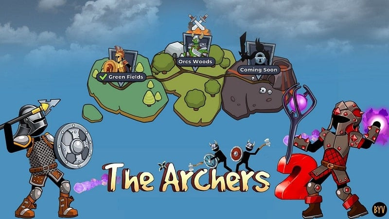 alt text: Hình ảnh game The Archers 2 với nhân vật người que đang giương cung bắn tên