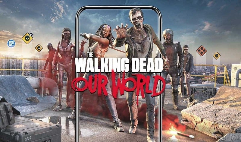 alt text: Hình ảnh game The Walking Dead: Our World với nhân vật chính đang chiến đấu với zombie