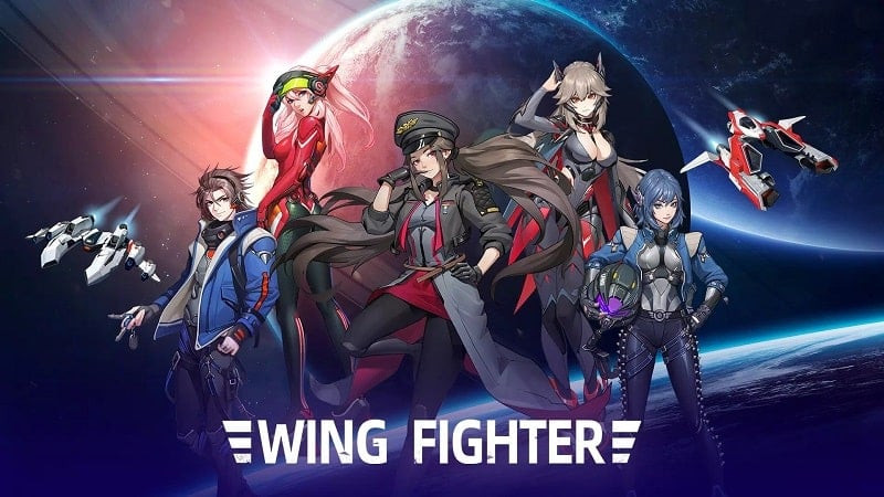 alt text: Hình ảnh game Wing Fighter, một chiến đấu cơ đang bay lượn giữa không gian đầy sao và thiên thạch.