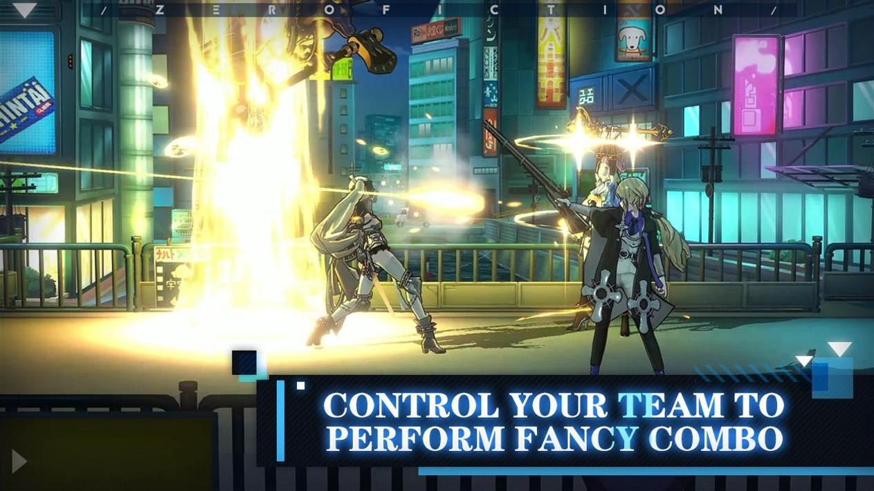 Zero Fiction MOD APK screenshot displaying characters and combat effects