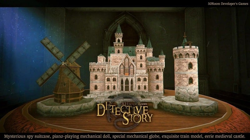 Gameplay screenshot of 3D Escape Room Detective Story showing the player examining objects in a room to find clues. The dark and mysterious atmosphere is clearly depicted.