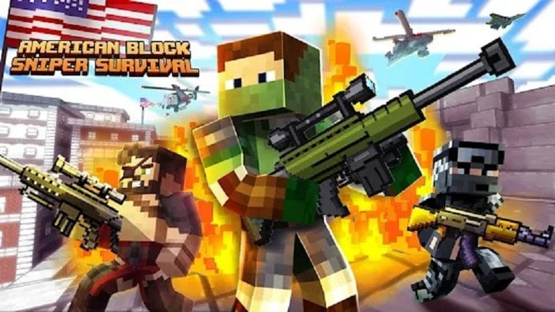 alt text: Hình ảnh gameplay American Block Sniper Survival với đồ họa khối vuông, nhân vật đang ngắm bắn.