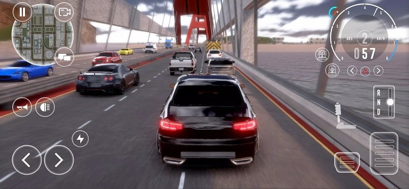 alt text: Hình ảnh gameplay American Car Drift Game 2023 phiên bản MOD, cho thấy cảnh đua xe tốc độ cao trên đường cao tốc.