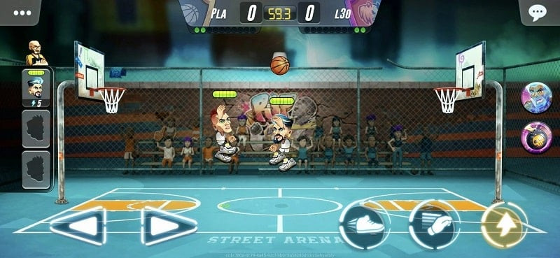 alt text: Hình ảnh gameplay Basketball Arena cho thấy đồ họa chibi và lối chơi nhanh.