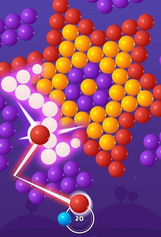 Gameplay screenshot of Bubble Shooter Pop showing the player aiming at a cluster of blue bubbles