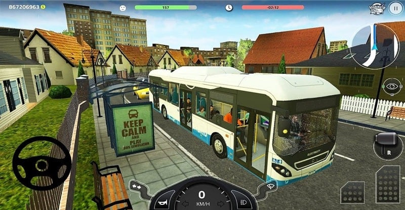 Bus Simulator PRO 2 gameplay showing a bus stopped to pick up passengers.