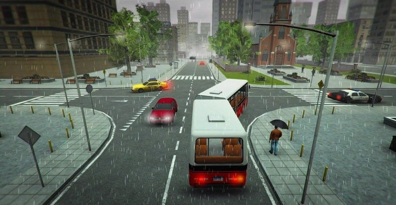 Bus Simulator PRO 2 gameplay showing a bus driving on the road.