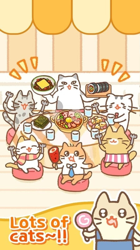 Alt text: Hình ảnh gameplay Cat Restaurant: Korean Food, các chú mèo nhân viên đang làm việc