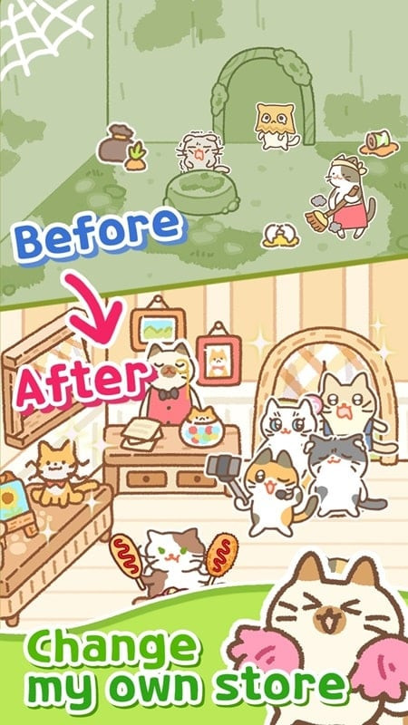 Alt text: Hình ảnh gameplay Cat Restaurant: Korean Food, nhà hàng được trang trí đẹp mắt