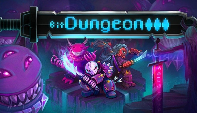 alt text: Hình ảnh gameplay của Bit Dungeon III, cho thấy nhân vật chính đang chiến đấu với quái vật trong một hầm ngục tối tăm.