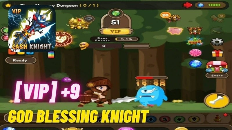 alt text: Hình ảnh gameplay của game +9 God Blessing Cash Knight, hiển thị nhân vật chính đang chiến đấu với quái vật.