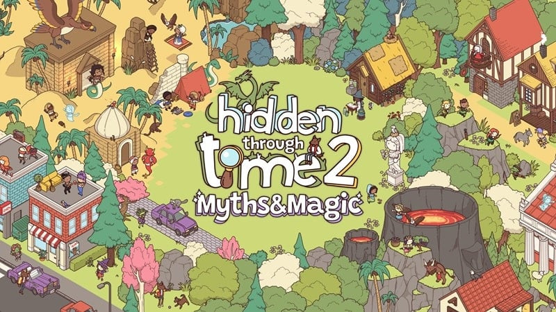 alt text: Hình ảnh gameplay của Hidden Through Time 2, hiển thị giao diện trò chơi với một bức tranh phong cảnh cổ xưa và danh sách các vật phẩm cần tìm.