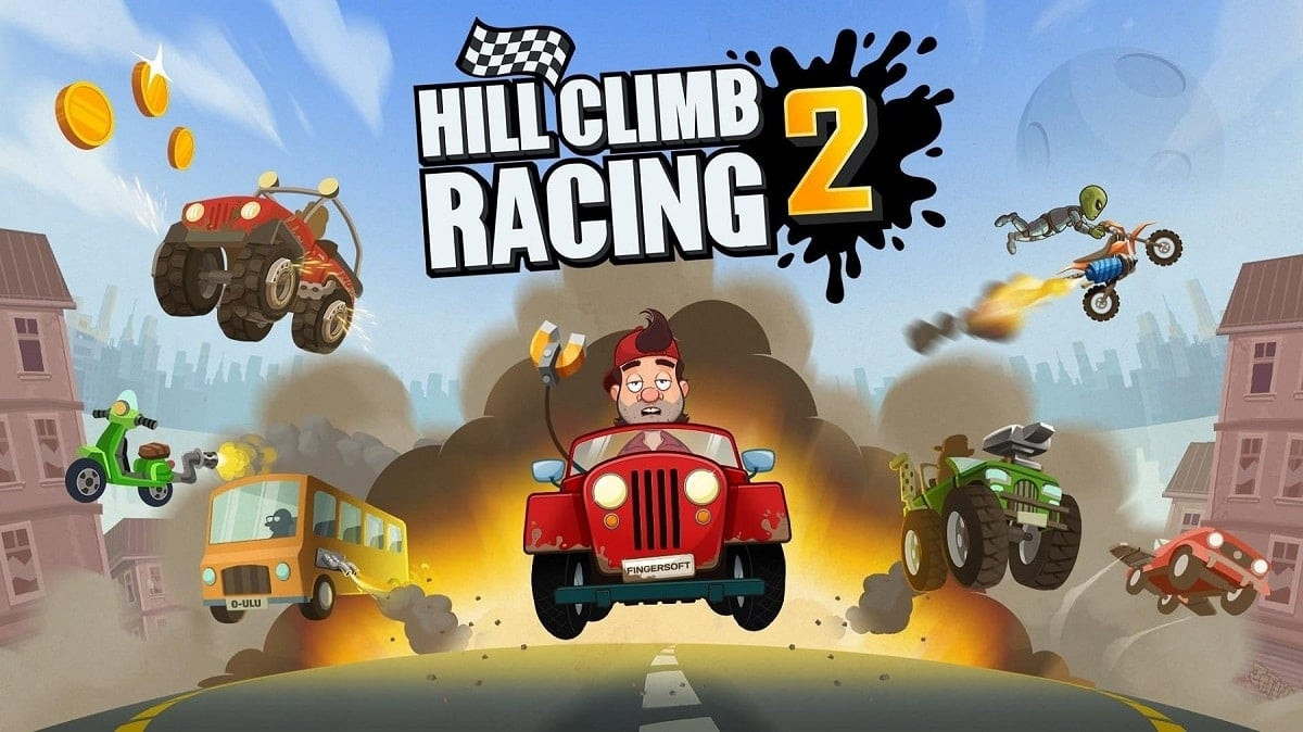 alt text: Hình ảnh gameplay của Hill Climb Racing 2 với chiếc xe đang vượt qua địa hình dốc