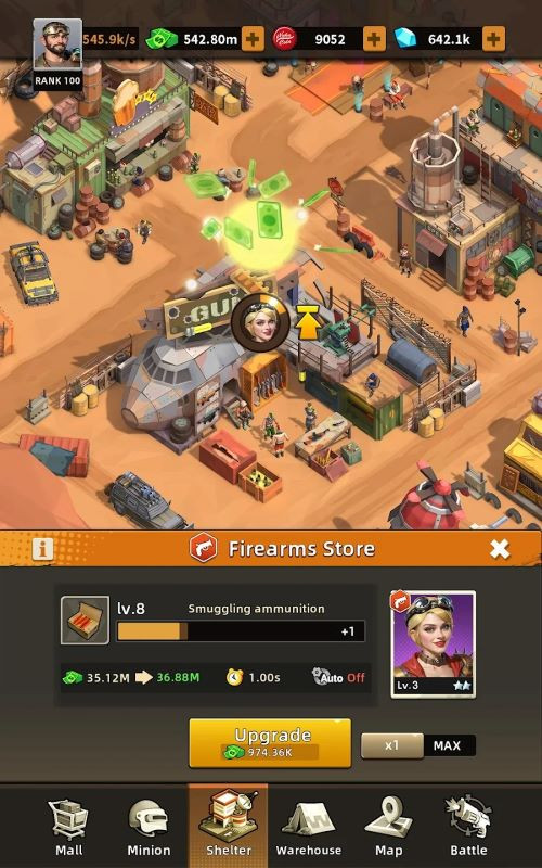 Gameplay screenshot of Idle Wasteland Criminal Empire, showing the combat and base-building interface