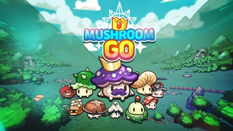 alt text: Hình ảnh gameplay của Mushroom Go với đội quân nấm đang chiến đấu với quái vật