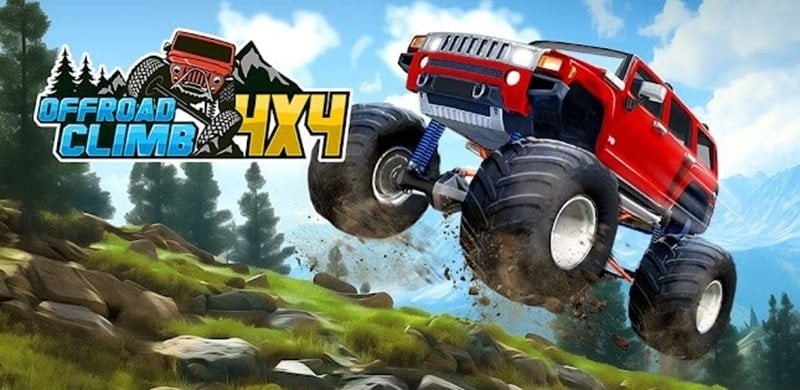 alt text: Hình ảnh gameplay của Offroad Climb 4x4, một chiếc xe địa hình đang vượt qua địa hình đồi núi hiểm trở.