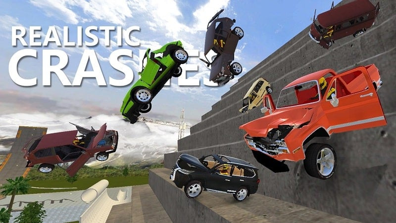 Gameplay of RCC - Real Car Crash, showing a player performing stunts and driving recklessly.