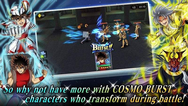 alt text: Hình ảnh gameplay của SAINT SEIYA COSMO FANTASY MOD APK với tính năng miễn phí