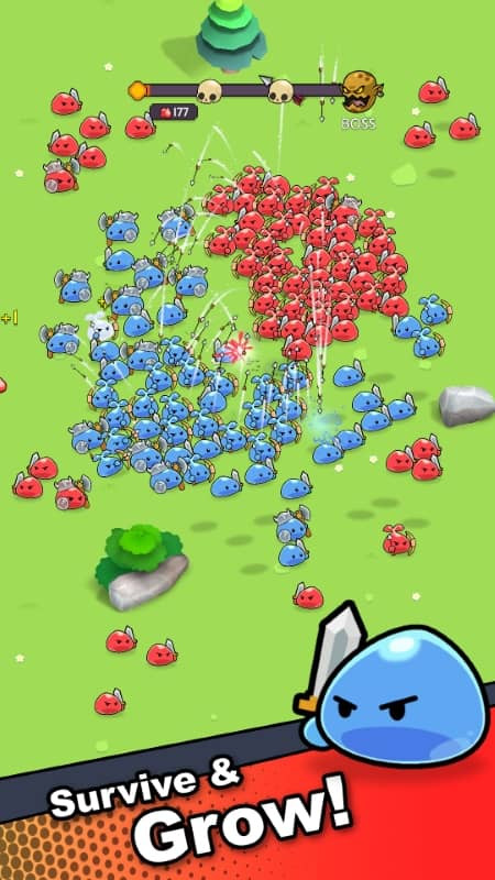 alt text: Hình ảnh gameplay của Slime Horde, cho thấy cảnh chiến đấu giữa đội quân Slime và kẻ thù