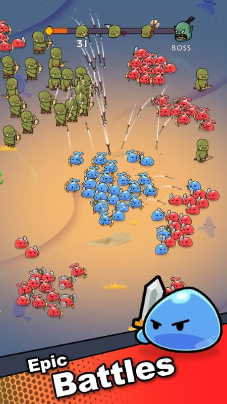 alt text: Hình ảnh gameplay của Slime Horde, hiển thị giao diện nâng cấp quân đội