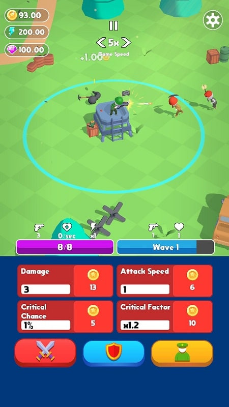 Tower Hero Idle gameplay screenshot, showing the main character battling enemies.