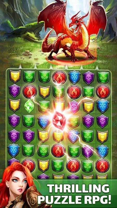 Empires & Puzzles gameplay showing a match-3 battle with elemental icons.