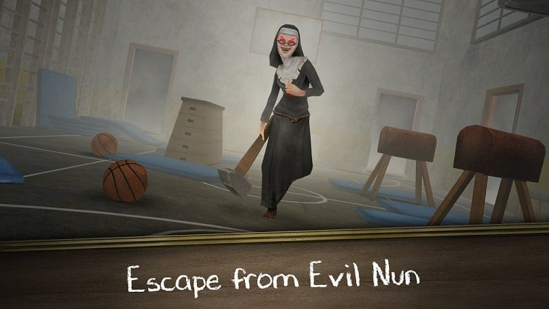 alt text: Hình ảnh gameplay Evil Nun Rush cho thấy nhân vật đang chạy trốn khỏi ác ma sơ trong hành lang tối tăm.