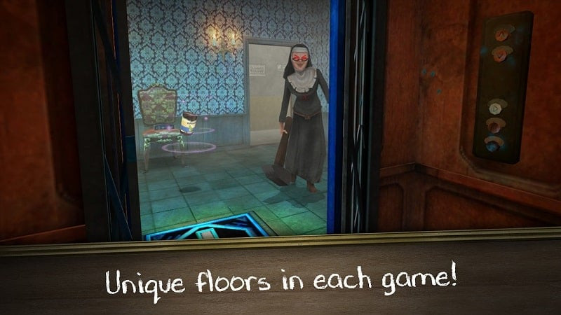 Gameplay of Evil Nun Rush showing the character solving a puzzle in a mysterious room.