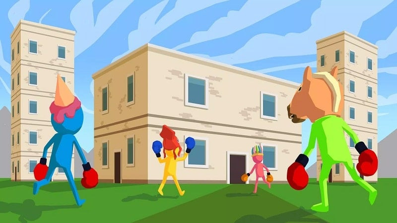 alt text: Hình ảnh gameplay Gang Boxing Arena: Stickman 3D Fight MOD APK, cho thấy các nhân vật stickman đang sử dụng vũ khí và vật phẩm để tấn công nhau