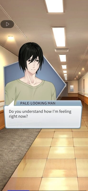 The main character talking to a mysterious man in Ghost Town Mystery Story Otome gameplay