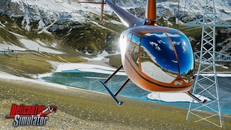 Helicopter Simulator 2023 gameplay showing a player flying a helicopter in a blizzard