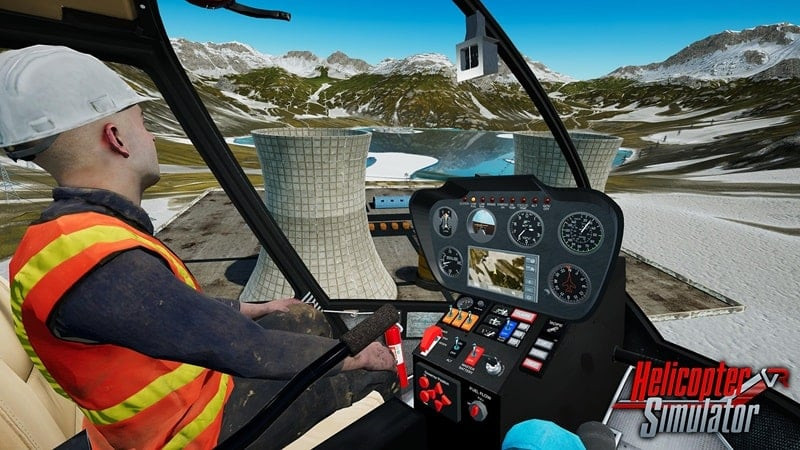 Helicopter Simulator 2023 gameplay showing a player transporting cargo with a helicopter