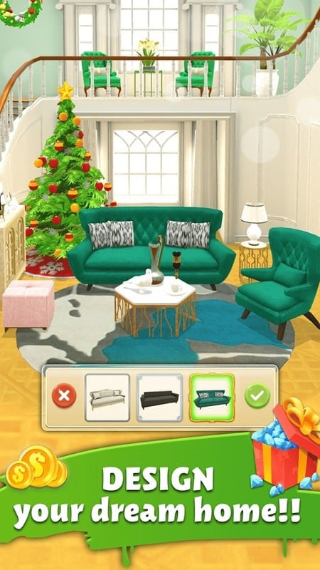 Gameplay of Home Memory showing a player choosing furniture for a house