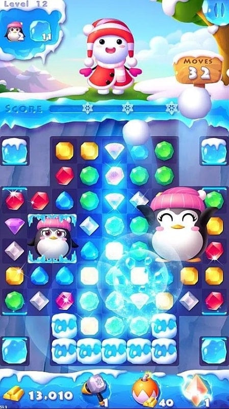 alt text: Hình ảnh gameplay Ice Crush 2 với các viên đá quý đầy màu sắc được xếp thẳng hàng