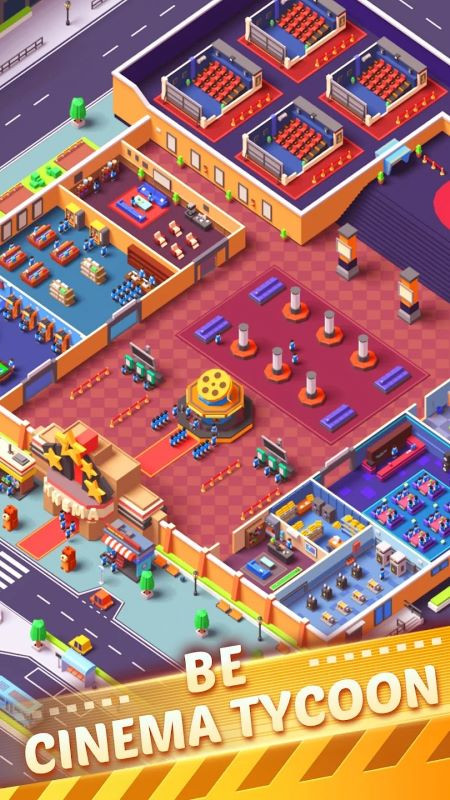 alt text: Hình ảnh gameplay Idle Cinema Tycoon, cho thấy giao diện quản lý rạp chiếu phim với các tùy chọn nâng cấp