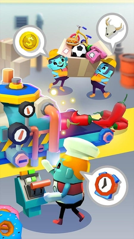 alt text: Hình ảnh gameplay Idle Super Factory, tập trung vào tính năng mod apk