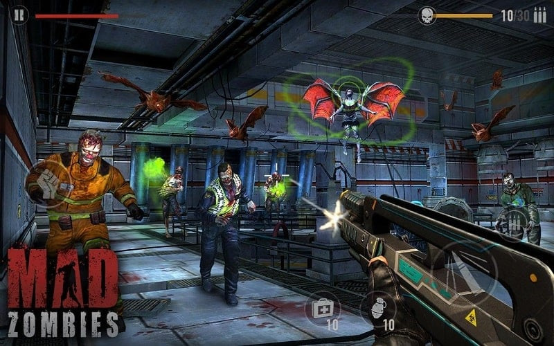 alt text: Hình ảnh gameplay MAD ZOMBIES với nhân vật đang ngắm bắn zombie